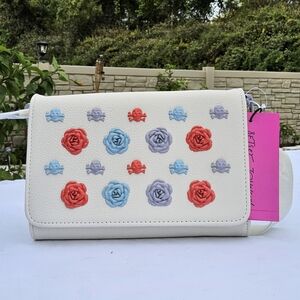 Betsey Johnson White Crossbody Bag with Red and Blue Floral Embellishments